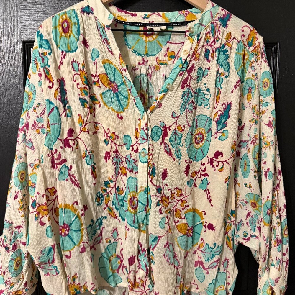 Womens Oversized Floral Pattern Blouse Teal Orange Cream Balloon Sleeves Small